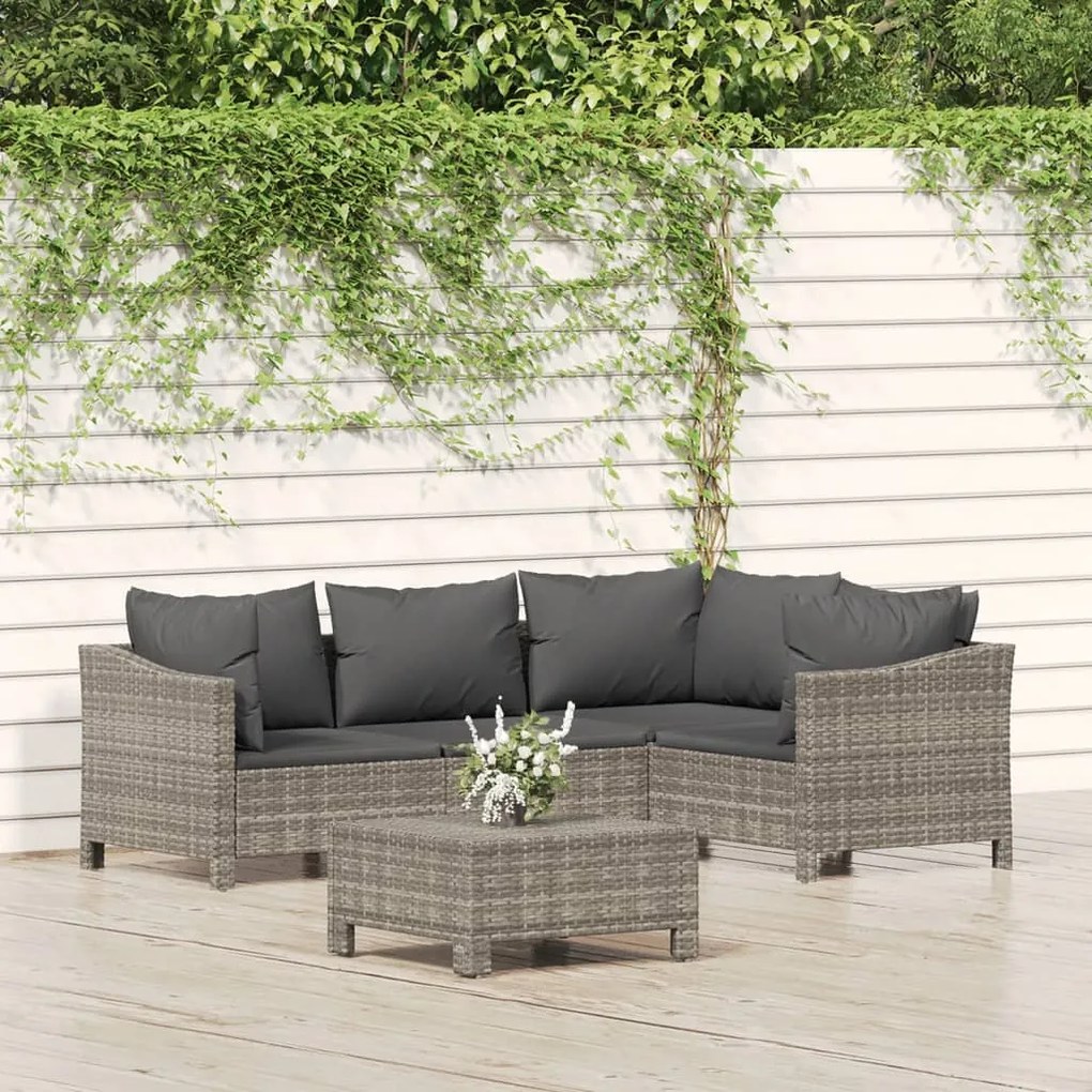 5 pcs conjunto lounge de jardim c/ almofadões vime PE cinzento