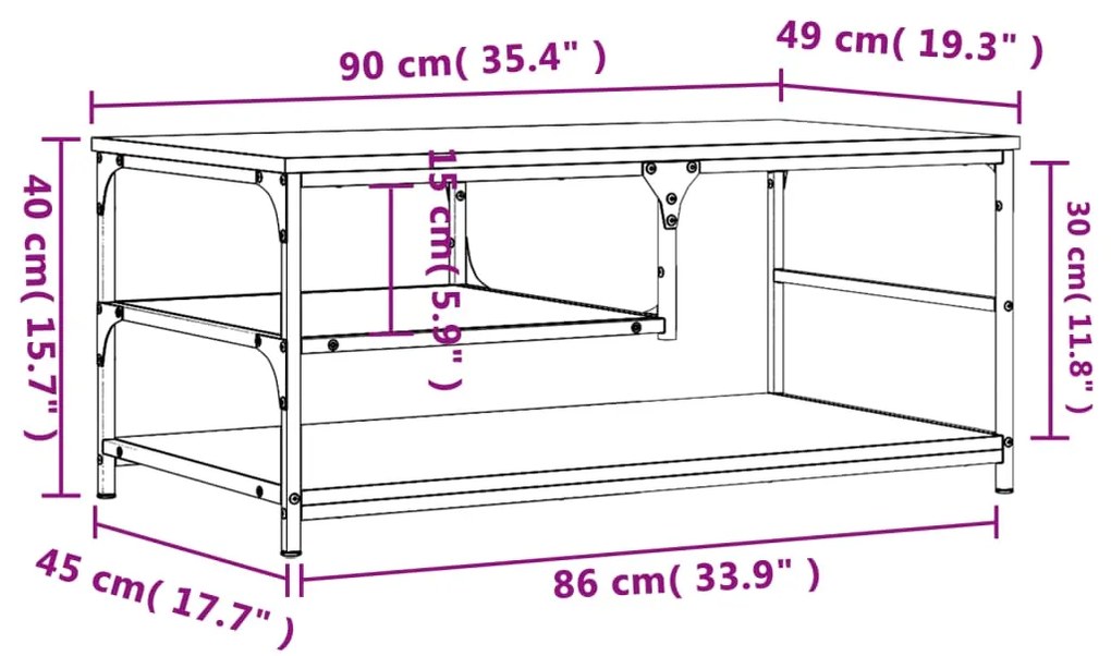 Mesa centro 90x49x40 cm derivados de madeira carvalho castanho