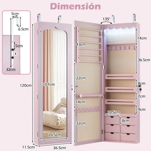 Armário para joias com espelho 6,5 x 11,5 x 120 cm, iluminação LED, 6 gavetas, fechadura, prateleira para organizador de joias, para montar na porta e