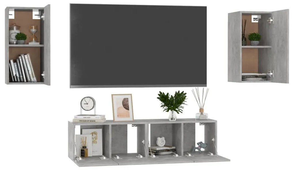 4 pcs conjunto de móveis de TV contraplacado cinzento cimento
