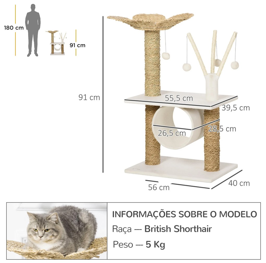 PawHut Árvore Arranhador para Gatos Médios Altura 91cm Torre para Gato