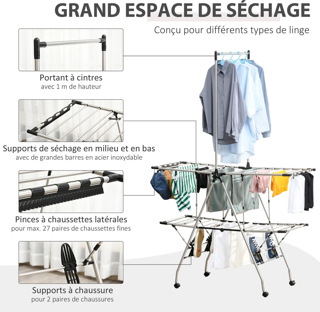 Estendal de roupa dobrável com rodas, ampla área de secagem, aço inoxidável, 138,5 x 63 x 208 cm, prateado e preto