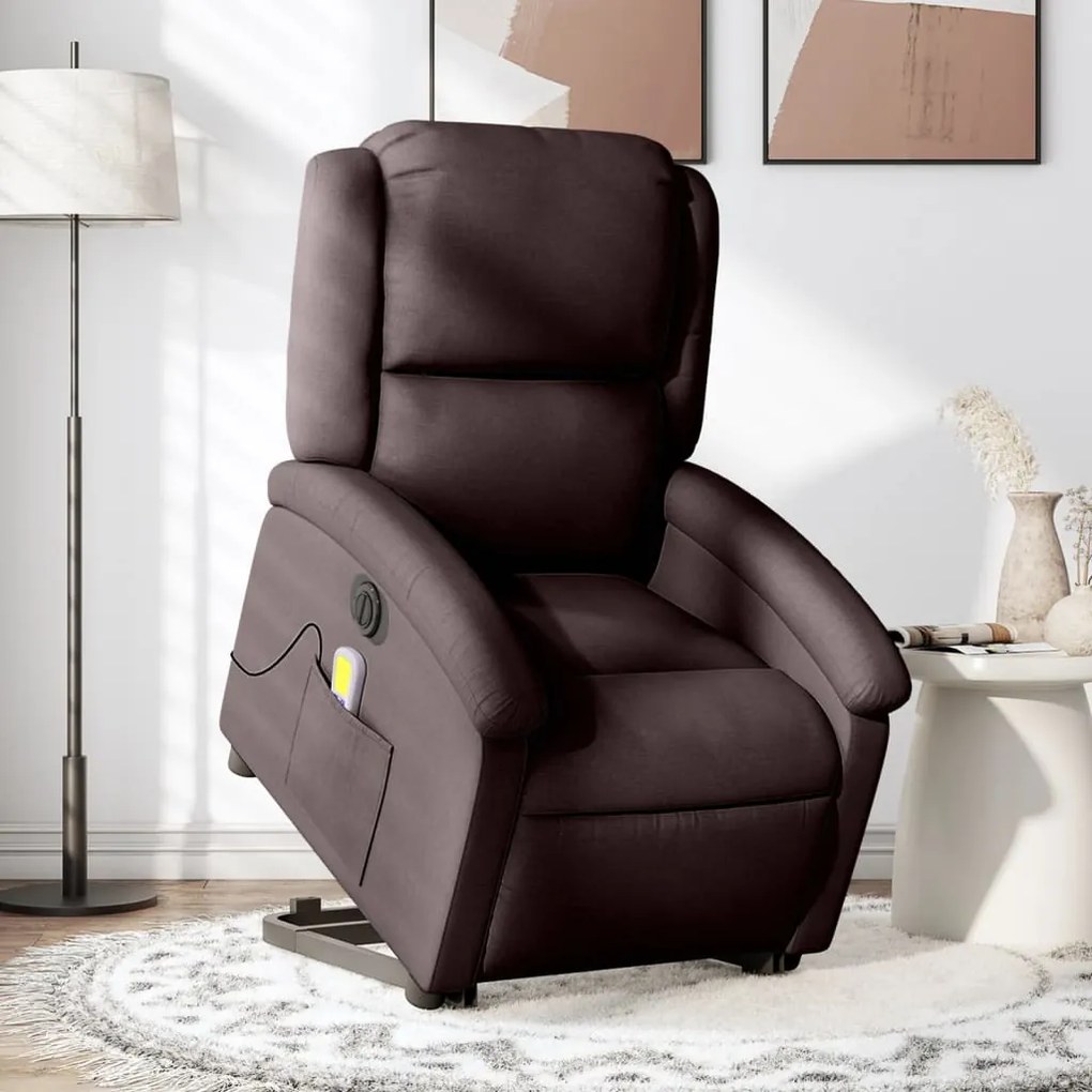 vidaXL Poltrona elétrica elevatória massagens tecido castanho-escuro