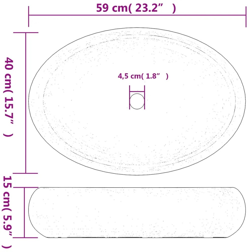 Lavatório de bancada oval 59x40x15 cm cerâmica cinzento