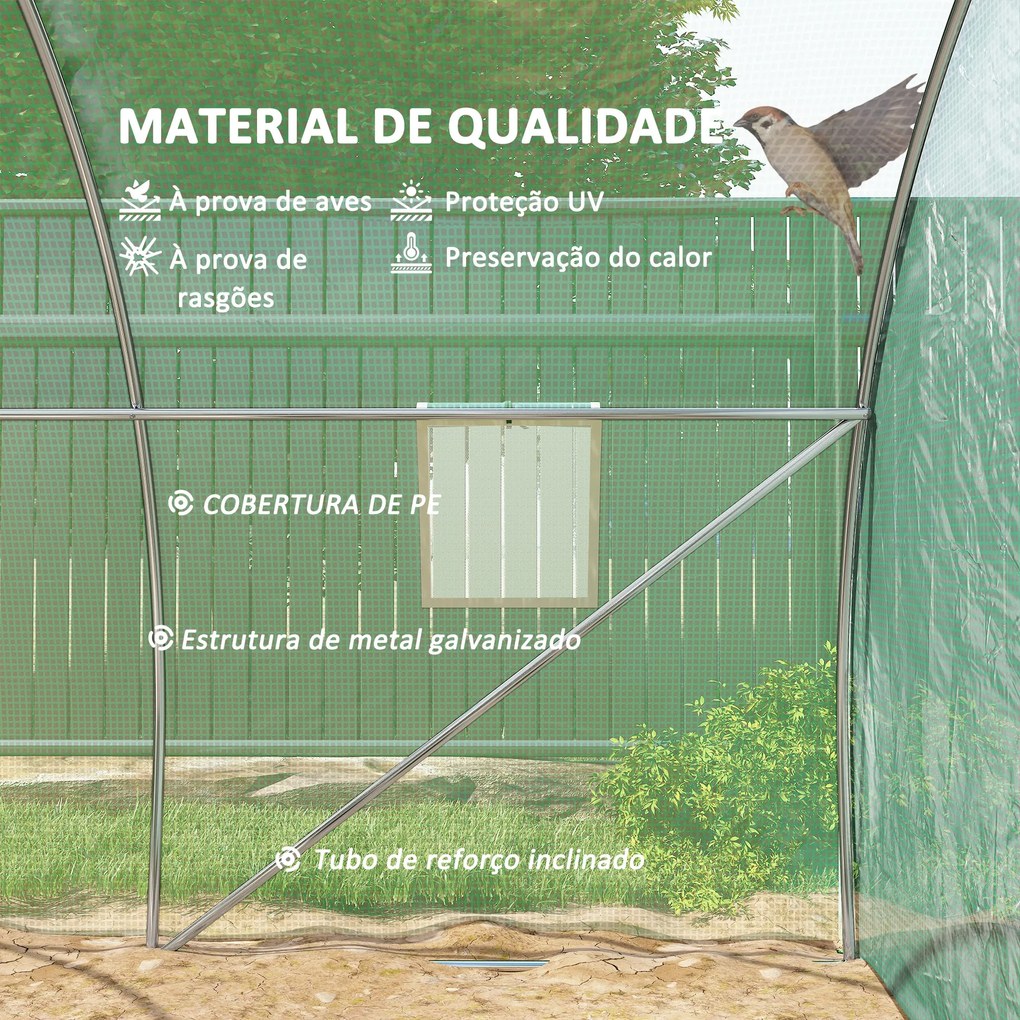 Estufa Tipo Túnel 3x3x2 m com Paredes Laterais Enroláveis 4 Janelas de Malha e Porta Enrolável com Fecho de Correr Verde