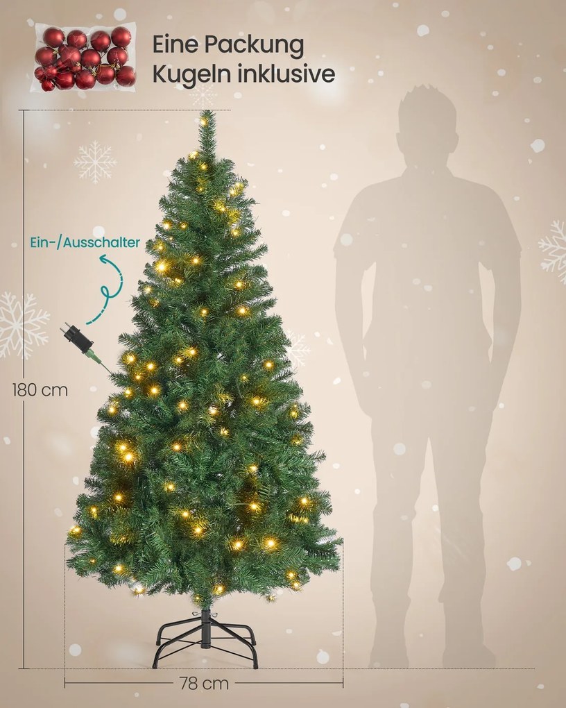 Árvore de Natal artificial com  iluminação e com (PACOTE BOLAS VERMELHAS) com suporte metálico 180 cm de altura Verde