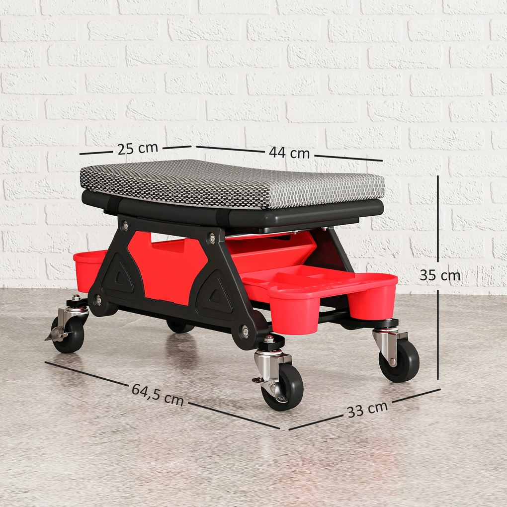 Banco de oficina móvel com capacidade para 135 kg, banco de mecânico com rodas e rotação de 360°, 64,5 x 33 x 35 cm, preto