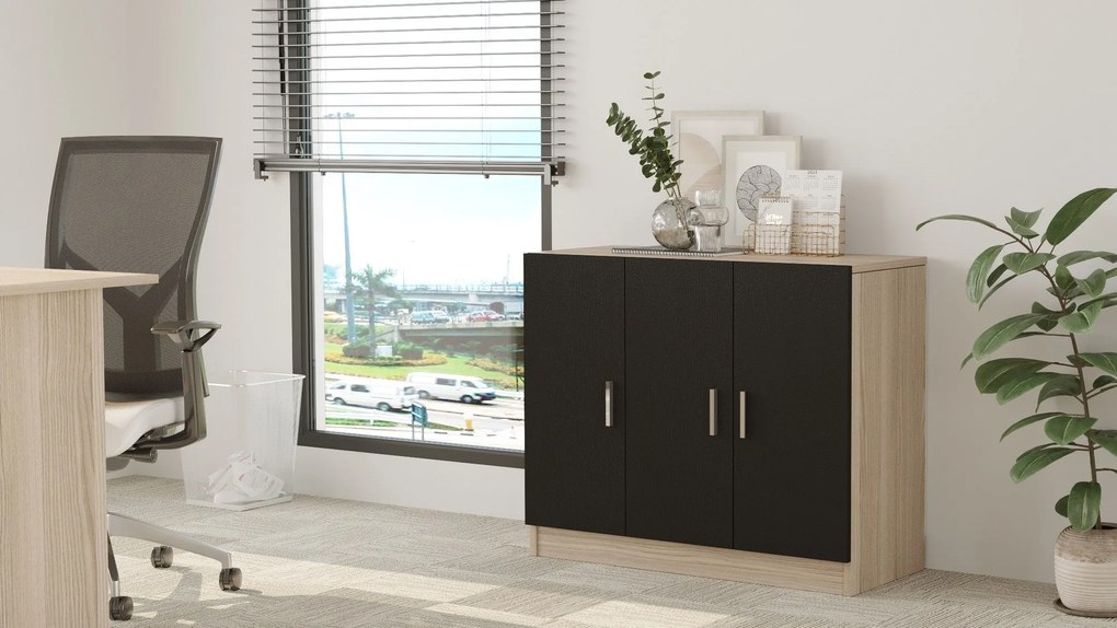 Armário Multiusos VO5 – Carvalho/Preto – 89,1x73,8x38,1 cm