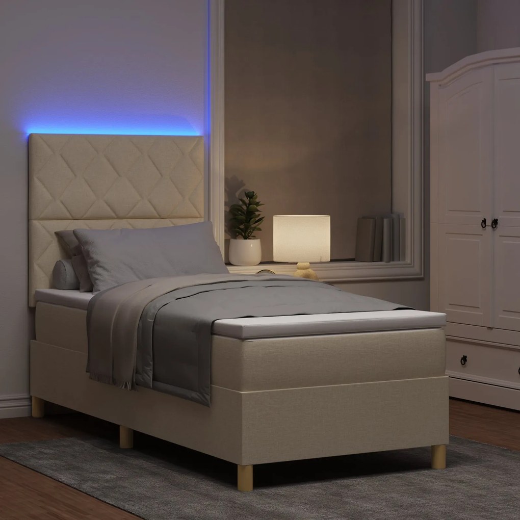 Cama Box Spring com Colchão &amp; LED Creme 90x190 cm Tecido