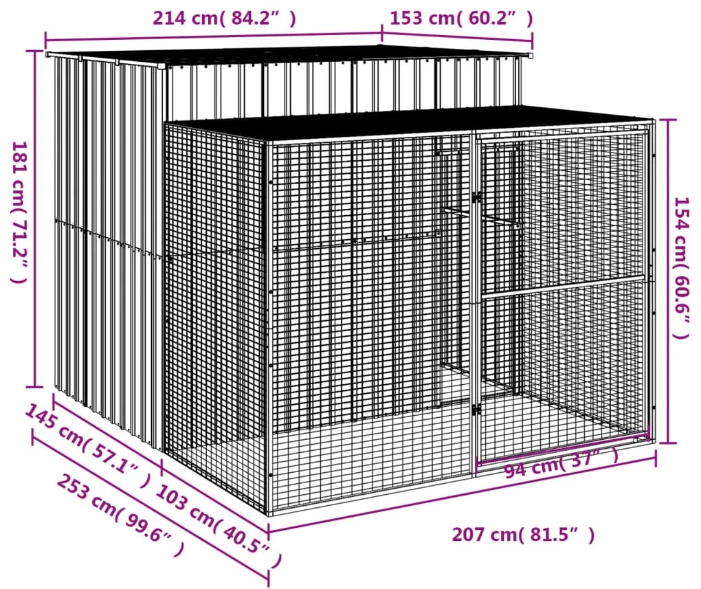 Casota cães c/ parque 214x253x181 cm aço galvaniz. cinza-claro