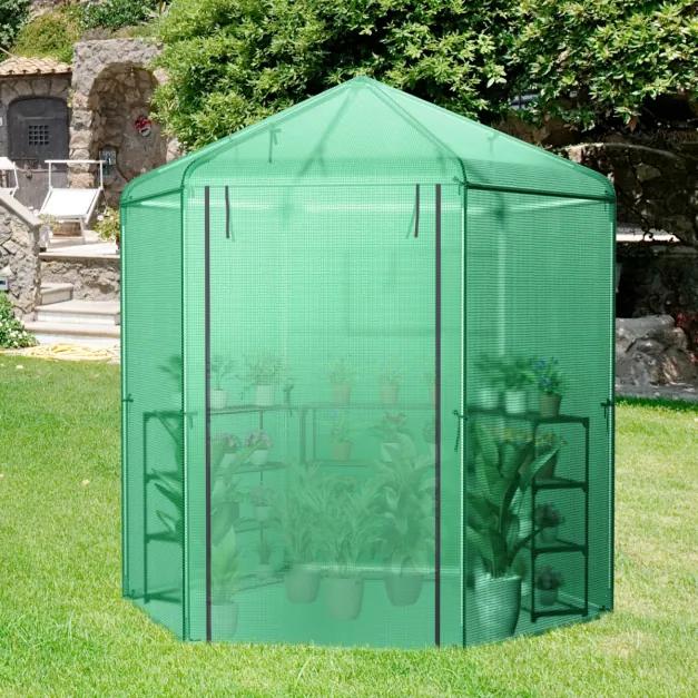 Estufa agricola hexagonal com cobertura de janela de 2 camadas e porta de enrolar para vento resistente aos raios UV Geada 214 x 183 x 227 cm Verde