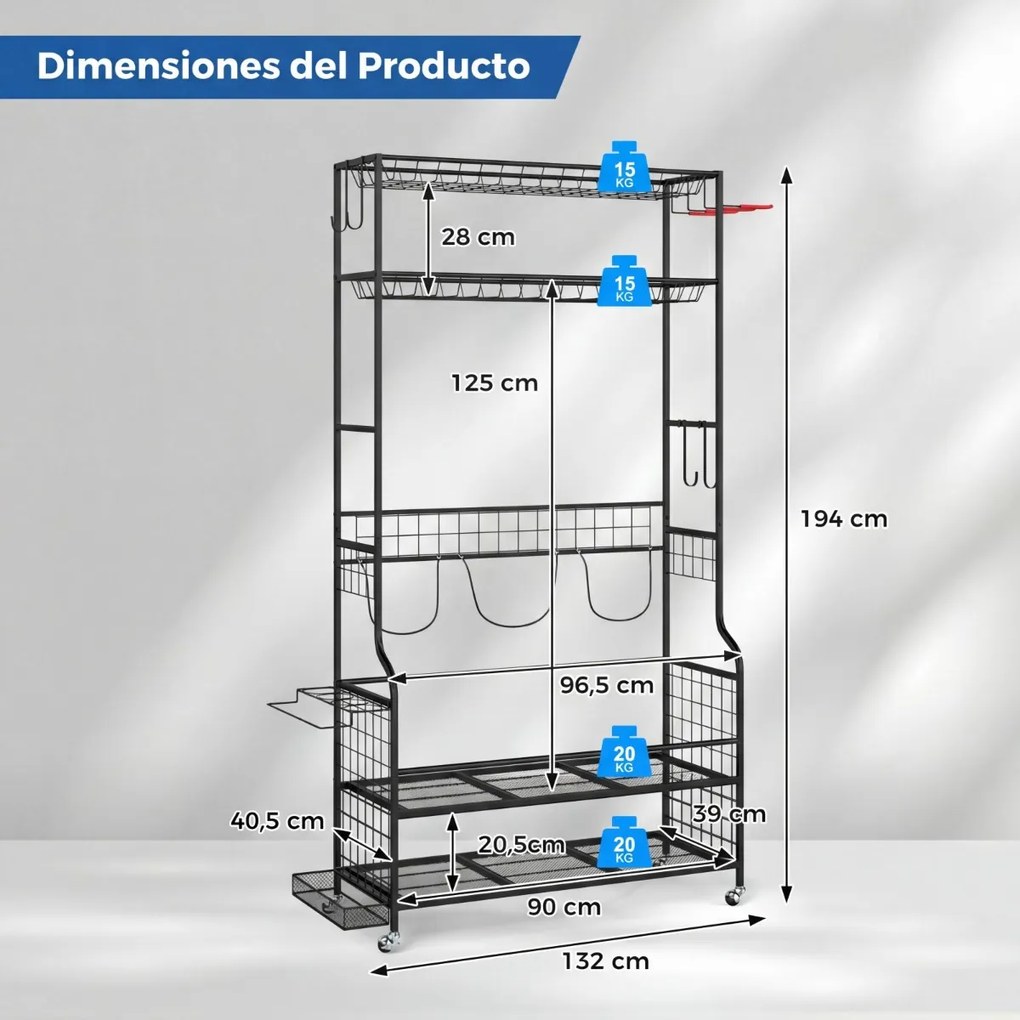 Organizador equipamento desportivo com rodas 132 x 40,5 x 194 cm, estrutura metálica, 4 ganchos e suporte adicional para 3 sacos de golfe e acessórios