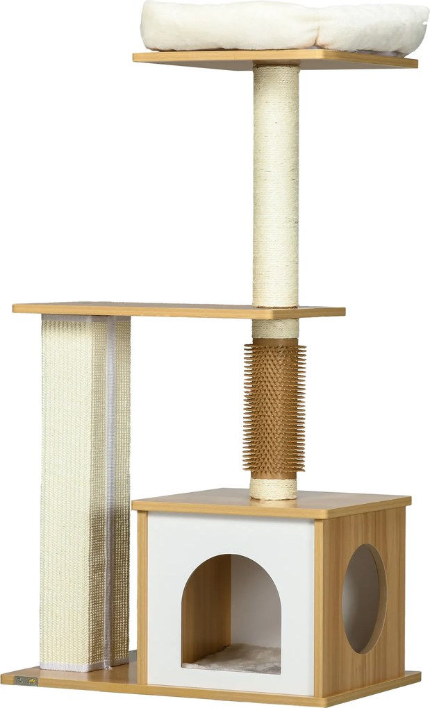 PawHut Arranhador Árvore para Gatos Casa para Gatos, 1 Cama para Gato, 1 Área de Descanso, 59,5 cm x 39,5 cm x 114 cm, Marrom + Branco | Aosom Portugal