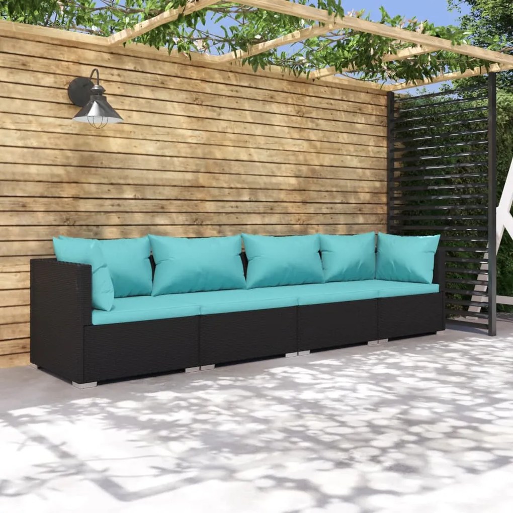 vidaXL 4 pcs conjunto lounge de jardim c/ almofadões vime PE preto