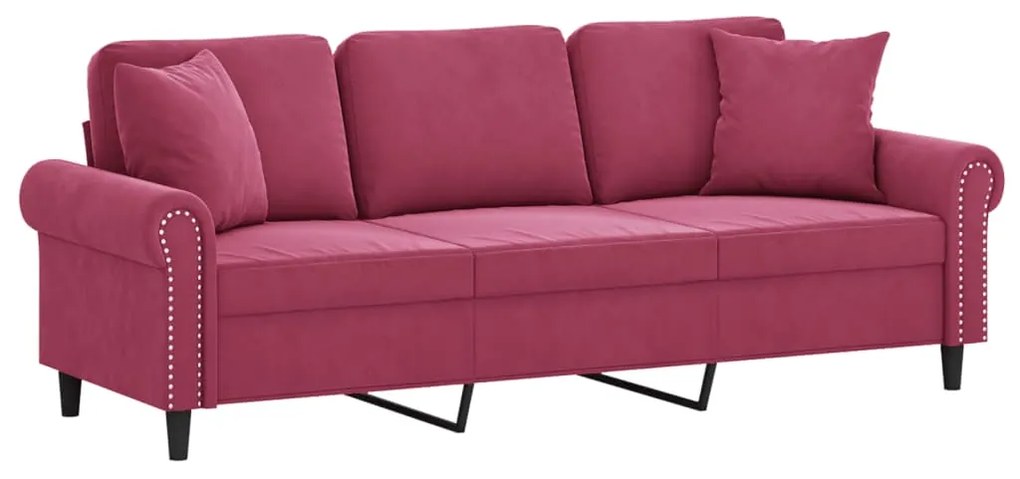 Sofá 3 lug. + almofadas decorativas 180cm veludo vermelho tinto