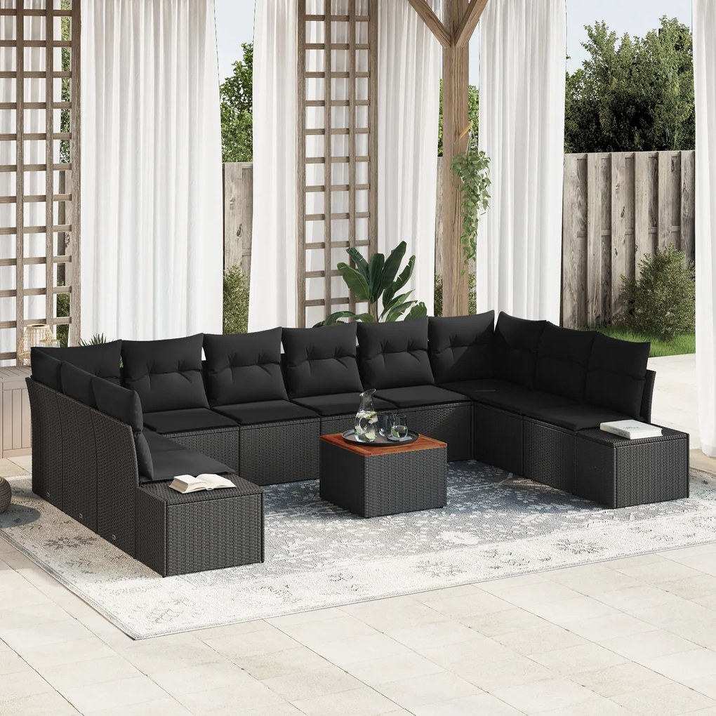 Conjunto de Sofás de Jardim com Almofadas Preto Rattan Acácia