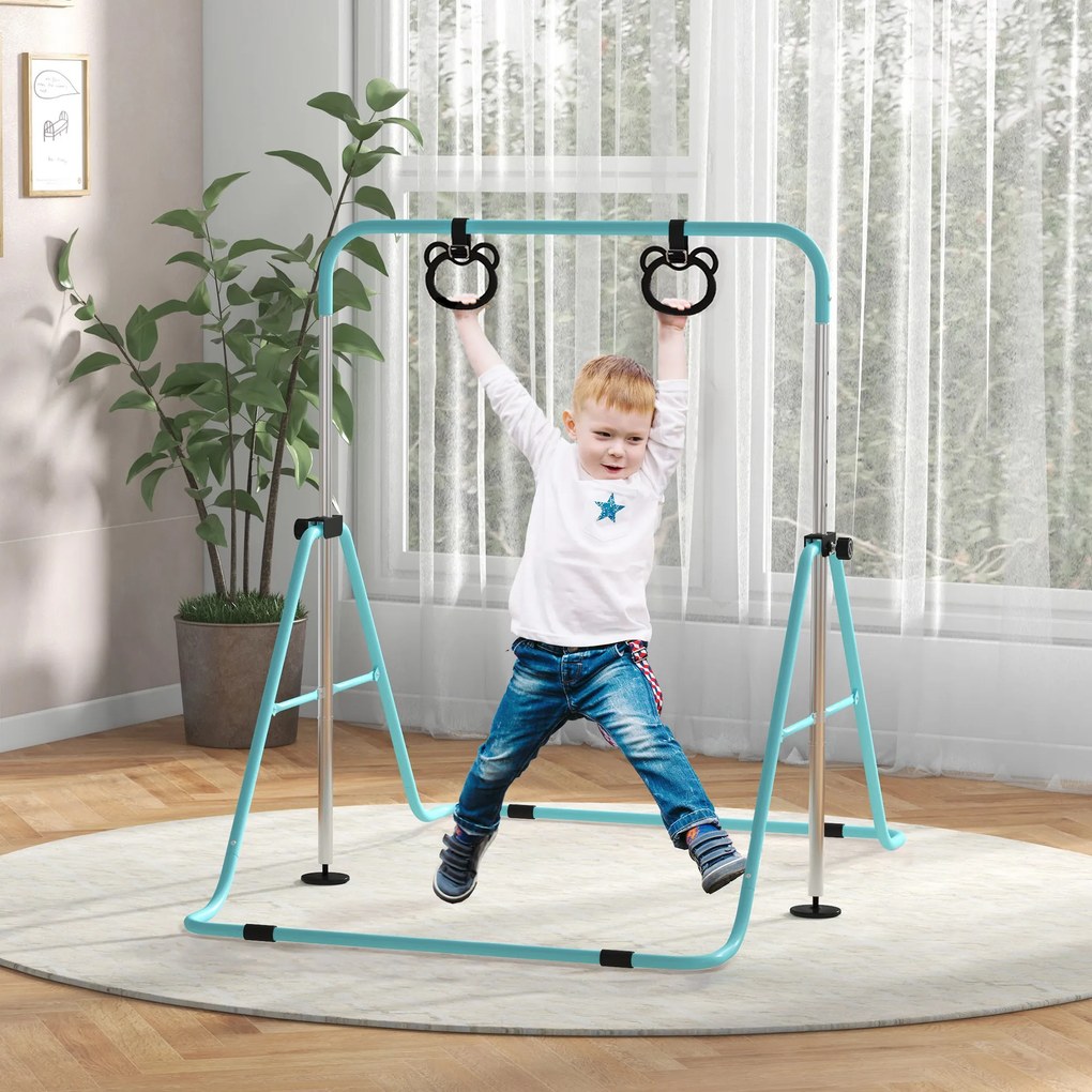 Barra de ginástica para crianças, barra horizontal dobrável com altura ajustável e argolas de ginástica, ciano