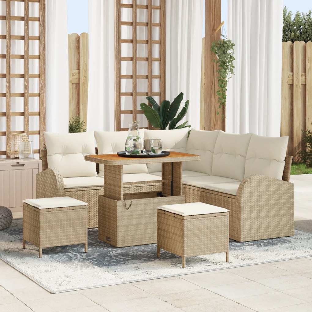 vidaXL Conjunto de Sofá de Jardim de 8 Peças com Almofadas Béige Vime PE Acácia