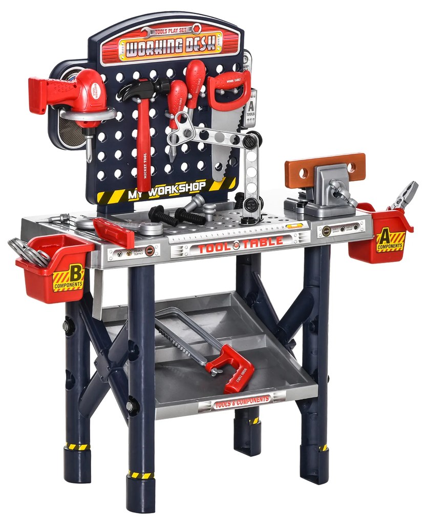 HOMCOM Bancada de Ferramentas para Crianças acima de 3 Anos Inclui 55 peças com Berbequim Elétrico Chave Inglesa Alicates Brinquedo de Aprendizagem 69x26,5x75cm Multicor