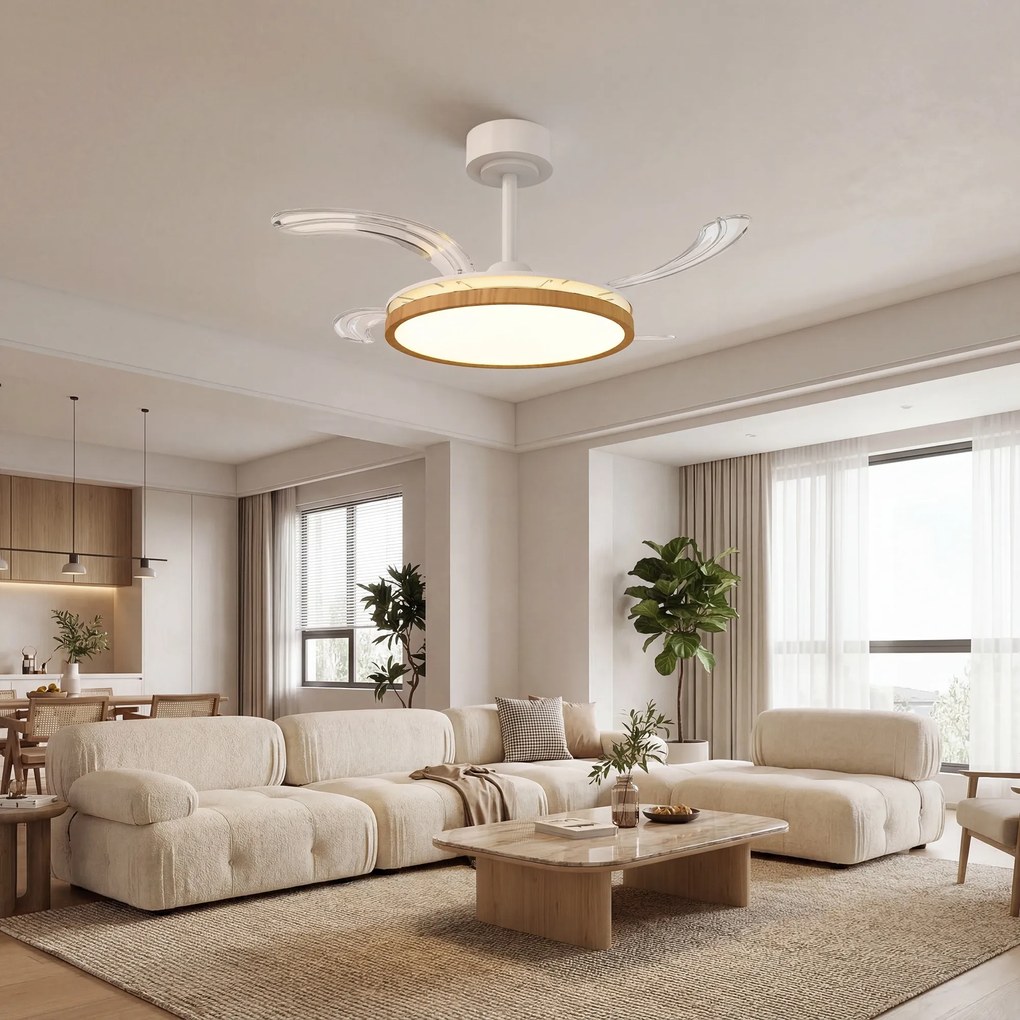 Ventoinha de Teto com Luz LED 80 W Motor DC Reversível Controlo Remoto 6 Velocidades Temporizador Ø95 cm Branco e Madeira