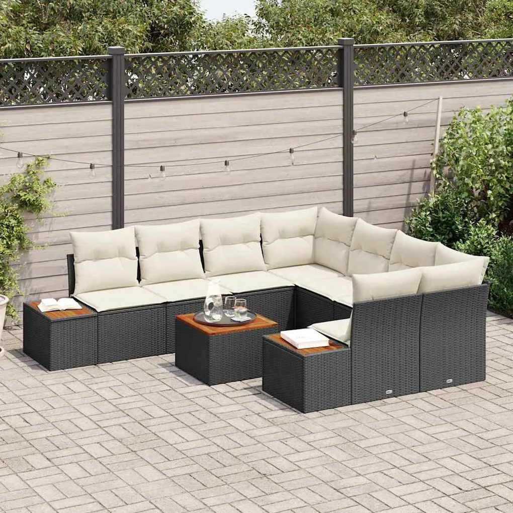 Conjunto de Sofá de Jardim com 9 Peças e Almofadas Pretas em Rattan Si