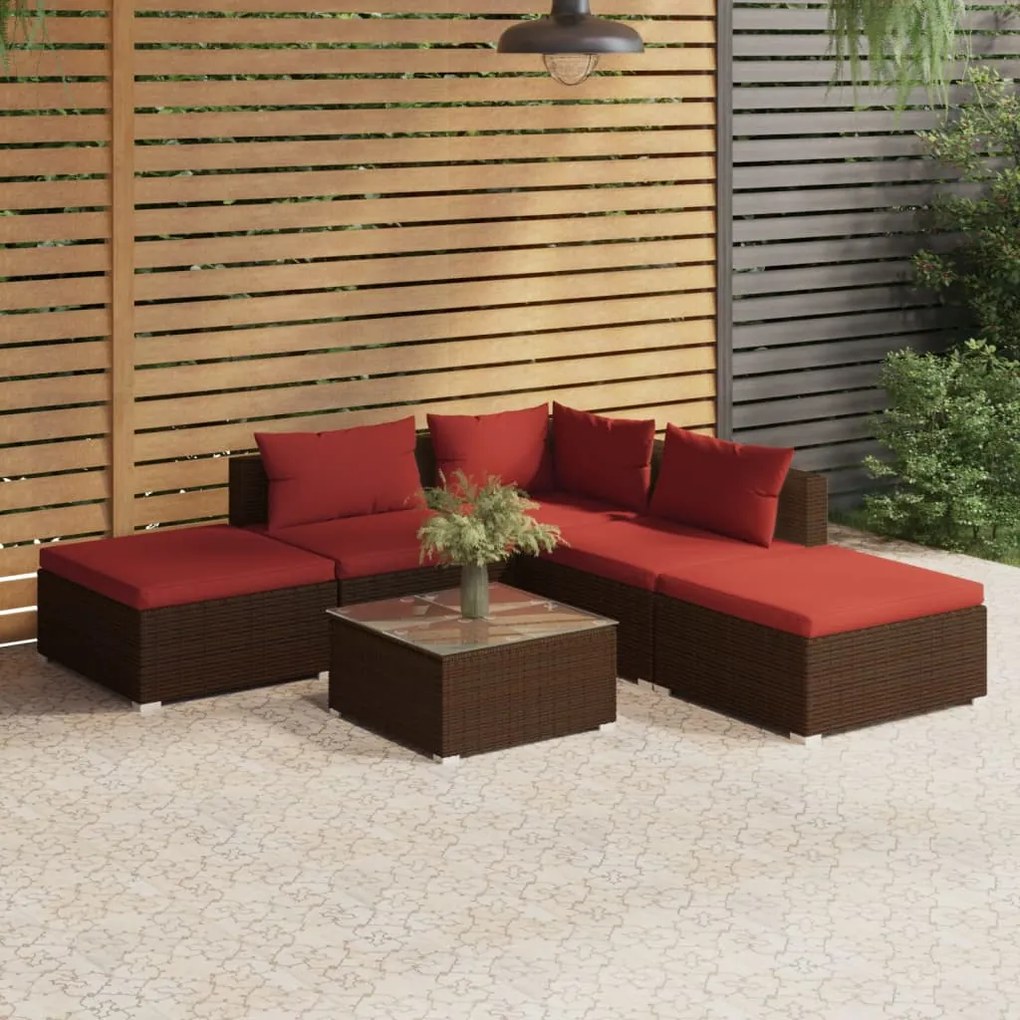vidaXL 6 pcs conjunto lounge jardim c/ almofadões vime PE castanho