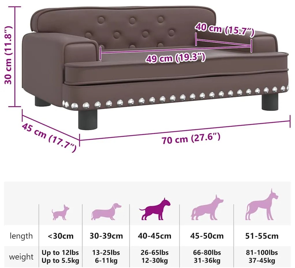 Cama para cães 70x45x30 cm couro artificial castanho