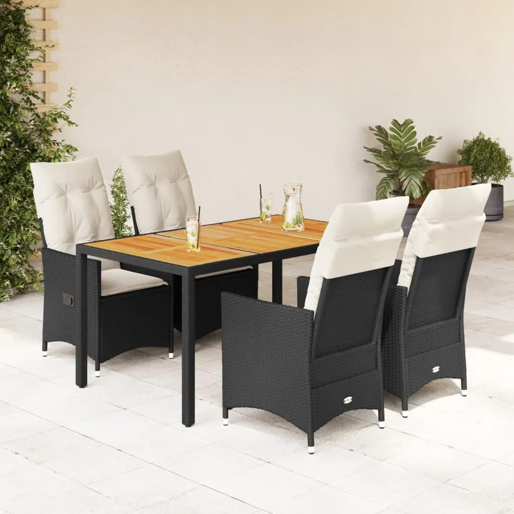 vidaXL 5 pcs conjunto de jantar p/ jardim c/ almofadões vime PE preto