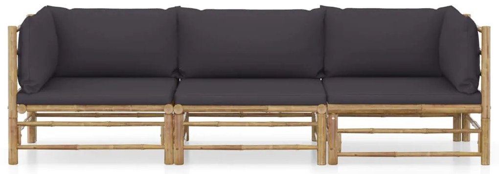3 pcs conj. lounge jardim em bambu c/ almofadões cinza-escuro