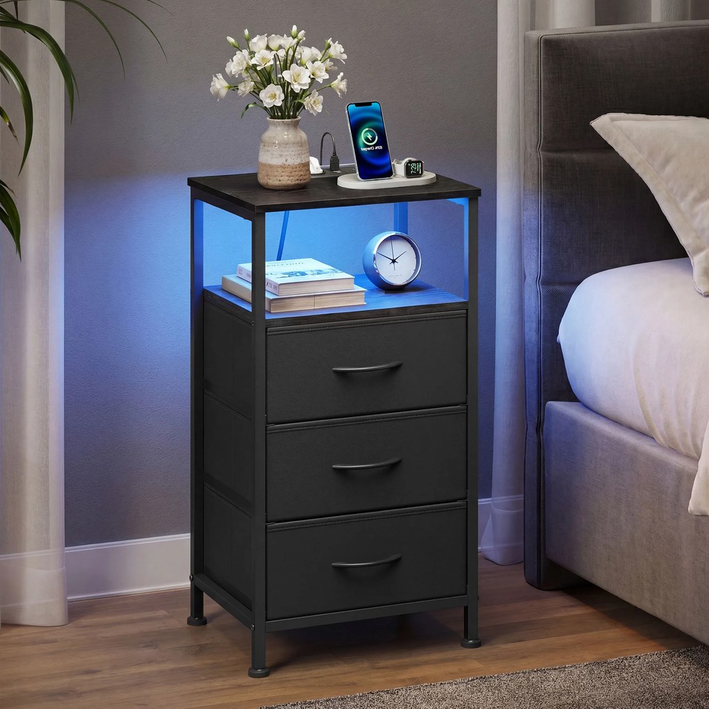 Mesa de cabeçeira com iluminação LED e base de carregamento 30 x 39,6 x 75,9 cm com 3 gavetas e compartimento aberto Preto