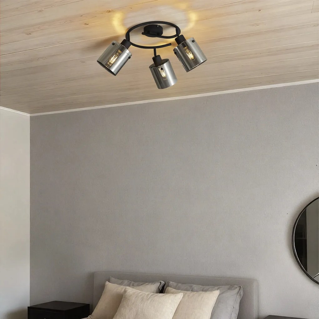 Foco de teto de design preto com vidro fumê redondo 3 luzes - Domo