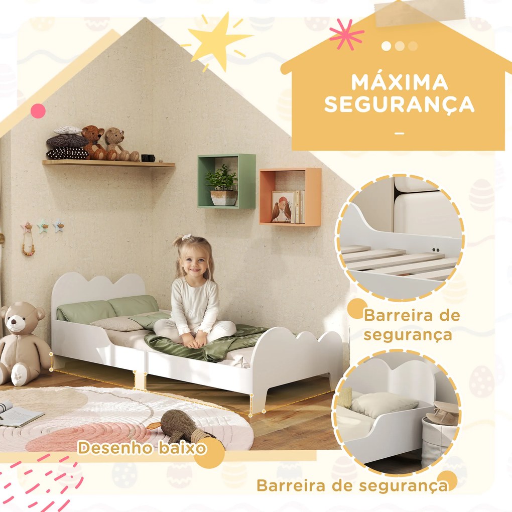 Cama para Crianças 143,5x74,5x56 cm (COLCHÃO NÃO INCLUIDO) Estrutura de Cama Infantil com Desenho de Núvem e Barreira de Segurança Branco