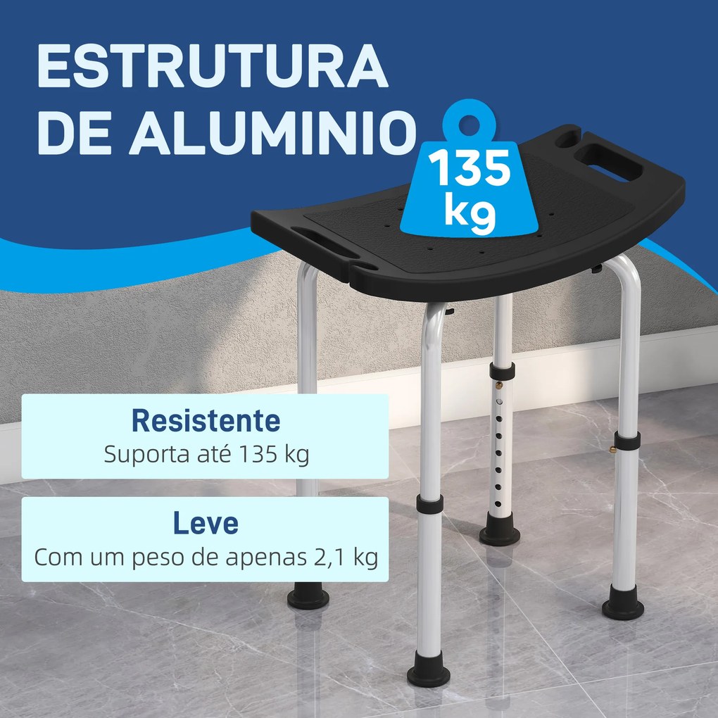 Banco de Duche com Altura Ajustável em 8 Posições com Base de Borracha Antiderrapante 50x36x39,5-56,5 cm Preto