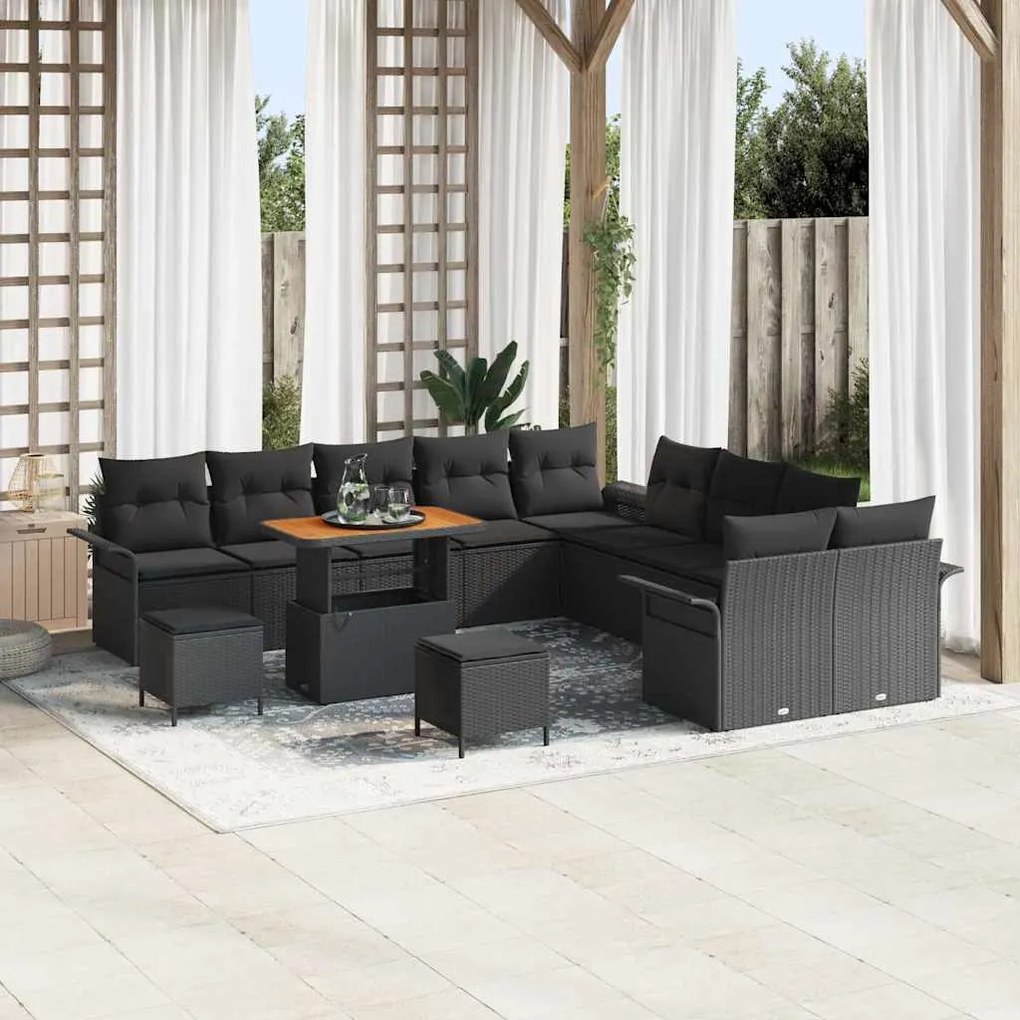 vidaXL Conjunto de Sofá de Jardim com 13 Peças , Almofadas Pretas em Rattan Sintético e Acácia