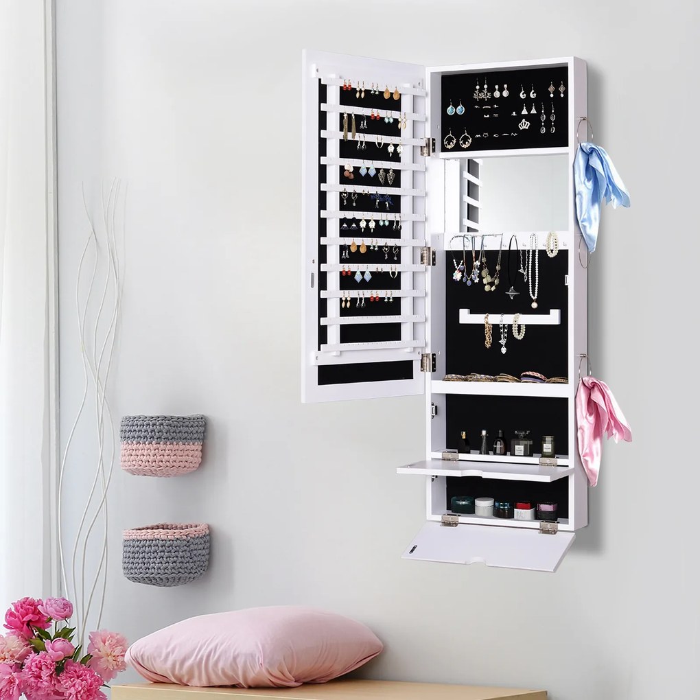 HOMCOM Espelho com Móvel de Bijuterias de Parede ou Porta Armário Porta Jóias com Altura Ajustável 2 Prateleiras Fechadas com Portas e Organizador de Jóias 35,5x9,5x102cm Branco