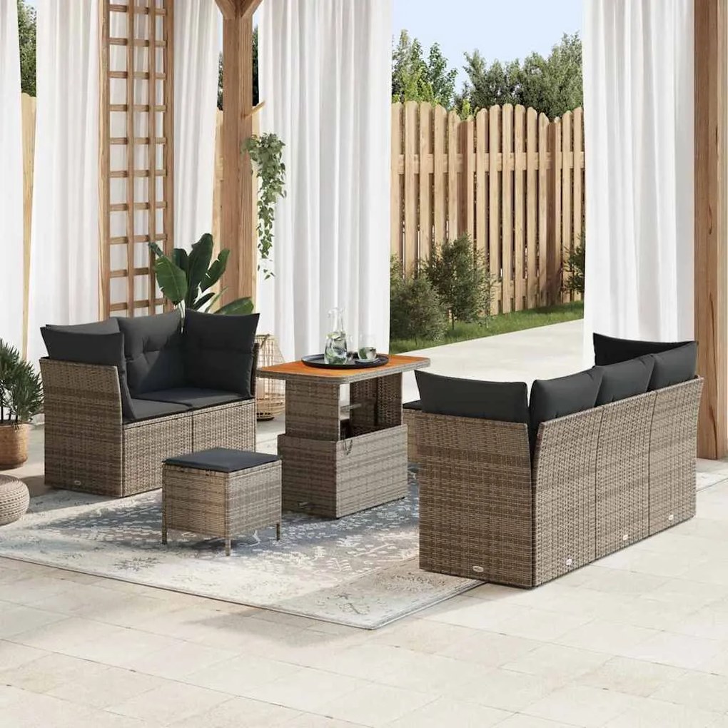 vidaXL Sofá de Jardim 8 Peças com Almofadas Cinza em Rattan Sintético e Acácia