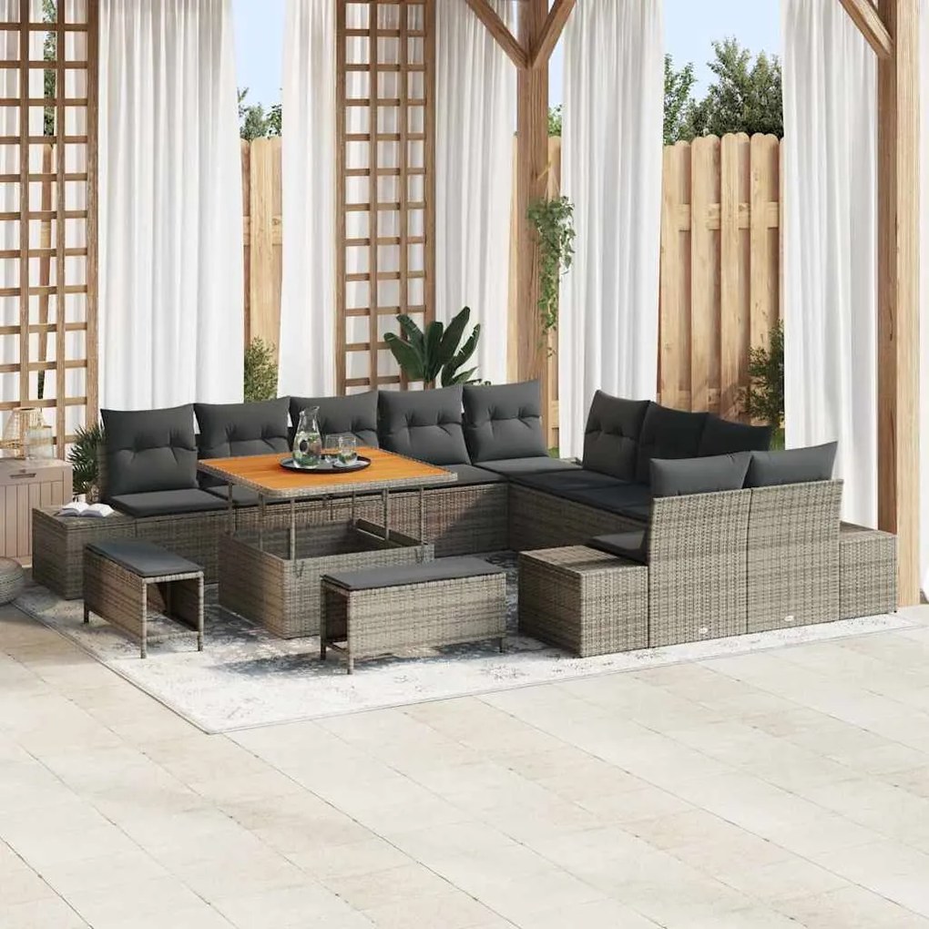 Conjunto de Sofá de Jardim com 13 Peças e Almofadas Cinzas em Rattan d
