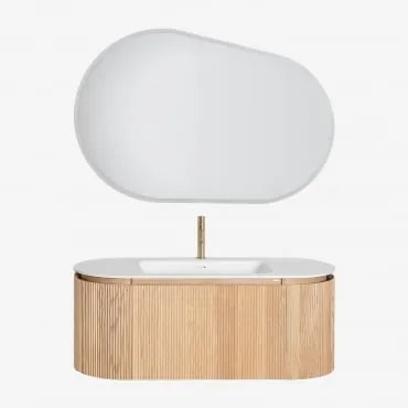 Conjunto De Móvel De Casa De Banho Suspenso Em Madeira Com Lavatório Integrado Carsone Madeira Natural & Sem Unidade Auxiliar & Oval Led E Anti-embaci