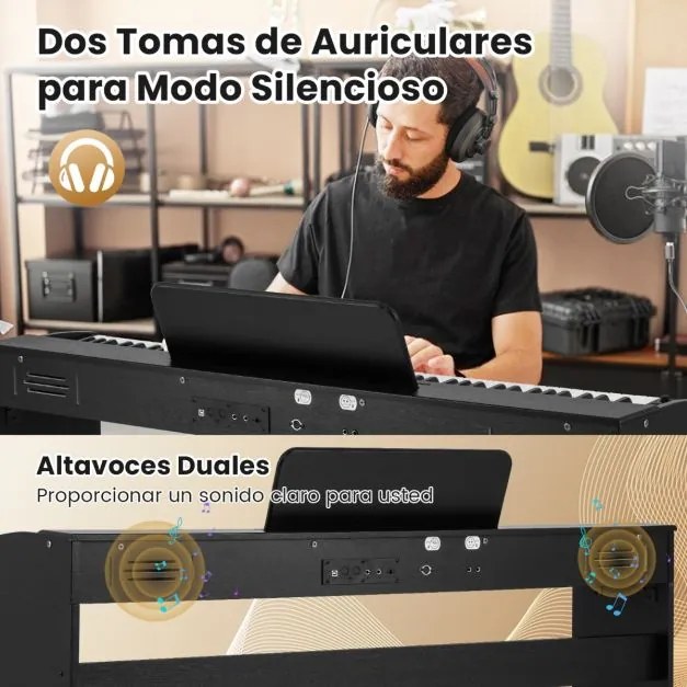 Piano digital vertical de 88 teclas com ação de martelo e teclas de tamanho completo, 3 pedais, altifalantes duplos e função de gravação, ligação para