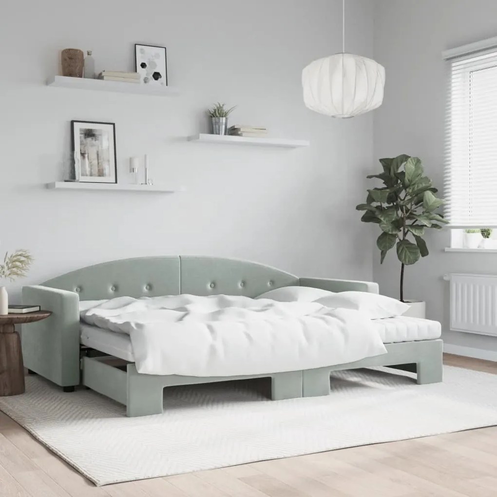 Sofá-cama c/ gavetão e colchões 80x200 cm veludo cinzento-claro