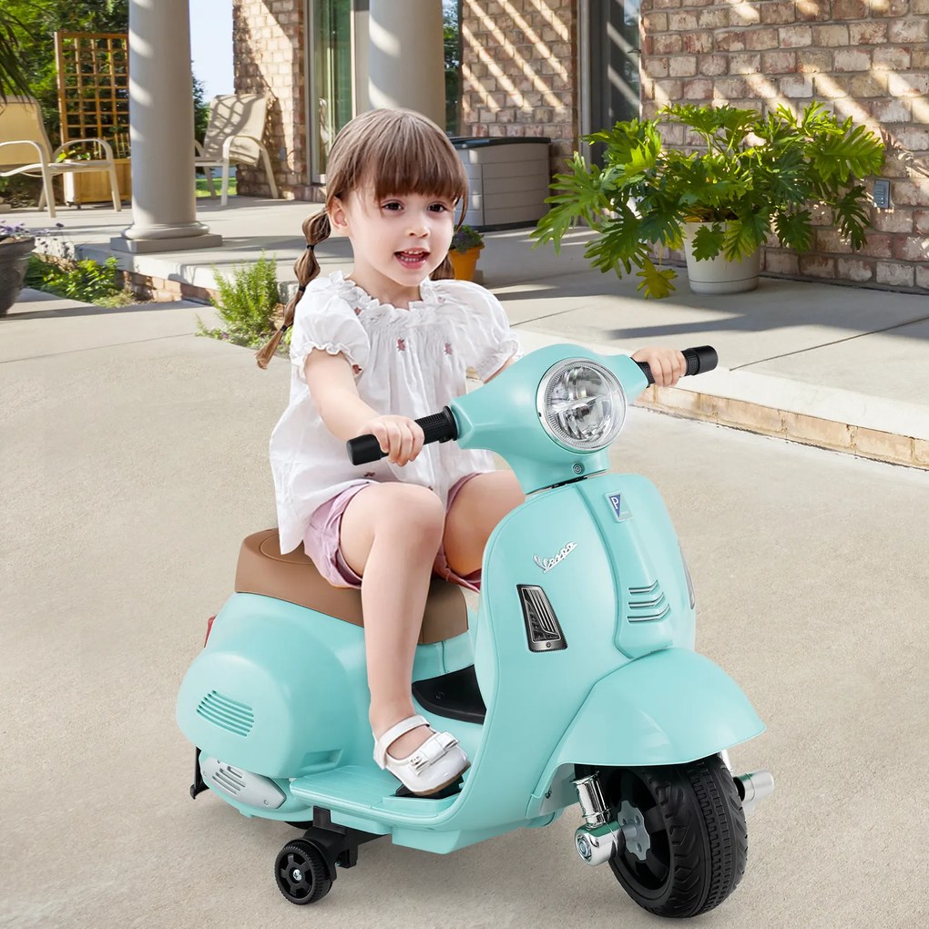 Motocicleta elétrica infantil Vespa licenciada, movida a bateria de 6 V, com farol de LED rosa