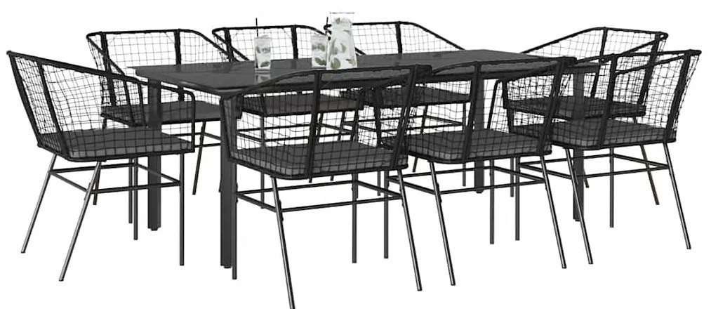 Conjunto de jantar jardim 9 peças almofadas vidro vime PE preto