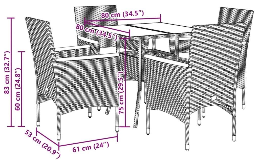 5 pcs conjunto jantar jardim com almofadões vime PE/vidro bege