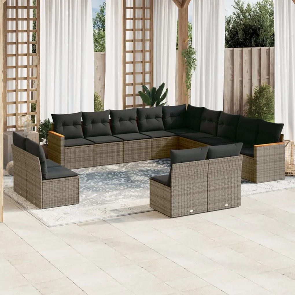 vidaXL 13 pcs conjunto sofás p/ jardim c/ almofadões vime PE cinzento