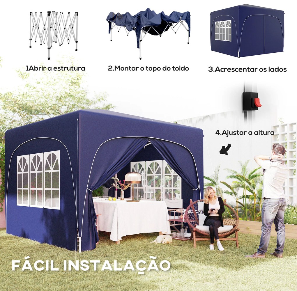 Tenda Dobrável 3x3 m com Painéis Laterais UPF50+ Tenda de Jardim com Altura Ajustável e Bolsa de Transporte Azul Escuro