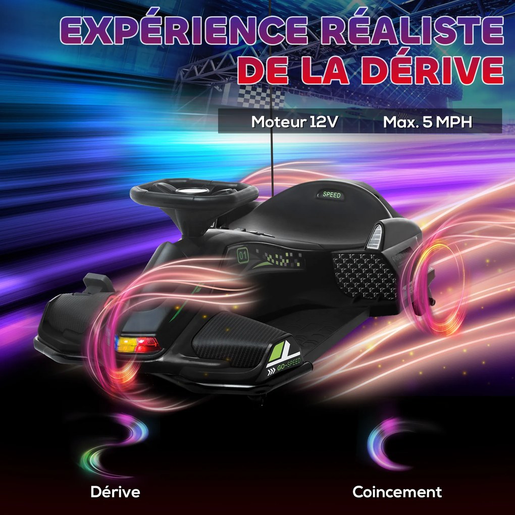 Kart elétrico para crianças de 12 V, karting infantil, velocidade regulável entre 3 e 8 km/h, modo de derrapagem, 90 x 53 x 99 cm, preto