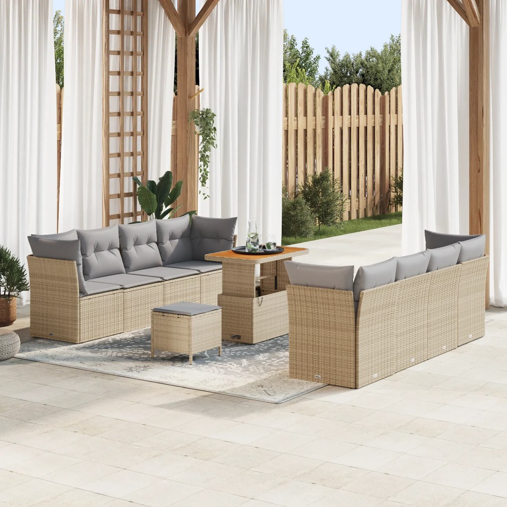 Conjunto de Sofá de Jardim de 11 Peças com Almofadas Bege Rattan Sinté