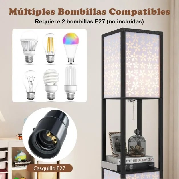 Candeeiro de pé e prateleiras de madeira 26 x 26 x 156 cm com 2 abajures com padrões recortados Luz independente com puxador e interruptor preto