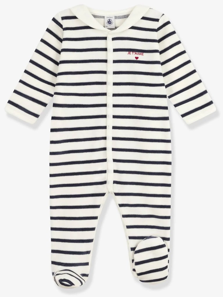 Pijama unissexo em veludo estampado às riscas PETIT BATEAU, para bebé marinho