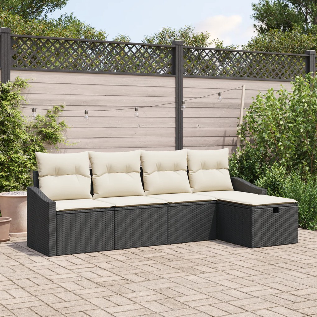 Conjunto de Sofá de Jardim de 5 Peças com Almofadas Preto Rattan Polié